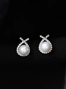 Clara 925 Sterling Silver Rhodium-Plated Fresh Water Pearl Beaded Contemporary Studs