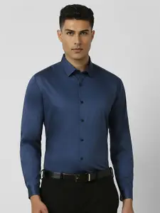 V Dot Men Spread Collar Solid Cotton Slim Fit Formal Shirt