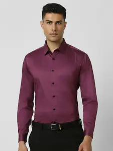 V Dot Men Spread Collar Solid Cotton Slim Fit Formal Shirt