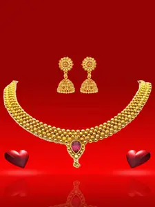 Heer Collection Gold Plated Artificial Stones Studded Thushi Choker Necklace With Jhumkas