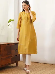 JAYPORE Ethnic Motifs Printed Kantha Work Cotton Silk Kurta