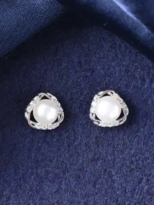 Clara 925 Sterling Silver Rhodium-Plated Contemporary Pearls Studded Earrings