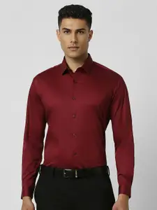 V Dot Men Spread Collar Solid Cotton Slim Fit Formal Shirt