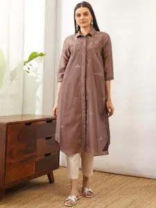 JAYPORE Floral Embroidered Shirt Collar Cotton Silk A-Line Kurta