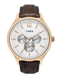 Timex Men Brass Dial & Leather Textured Straps Analogue Multi Function Watch TWEG18433