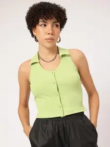 The Roadster Lifestyle Co. Split Shirt Glam Buttoned Flair Crop Top