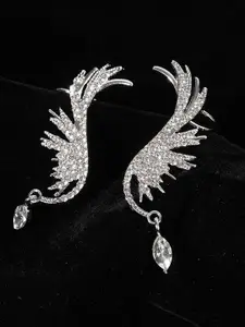VAGHBHATT Silver Plated Stainless Steel Rhinestone Studded Classic Ear Cuff Earrings