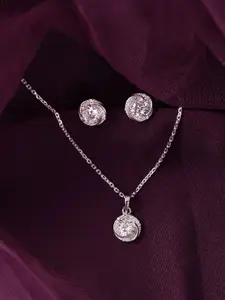 Clara 925 Sterling Silver Rhodium-Plated CZ Studded Pendant & Earrings