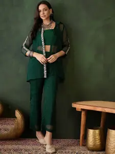 Sangria Sleeveless Crop Top & Trousers With Embroidered Shrug