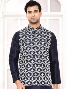 MAAHI FABS Mandarin Collar Floral Thread Work Straight Kurta with Churidar & Nehru Jacket