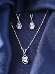 Clara 925 Sterling Silver Rhodium-Plated CZ Studded Pendant & Earrings