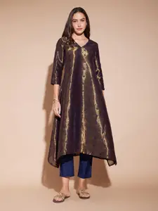 Pink Fort Floral Woven Design Zari Jacquard Asymmetrical A-Line Kurta