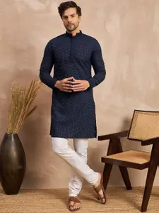 House of Pataudi Ethnic Motifs Embroidered Thread Work Pure Cotton Straight Kurta
