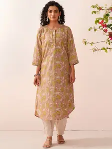 JAYPORE Floral Printed Round Neck Cotton A-Line Kurta