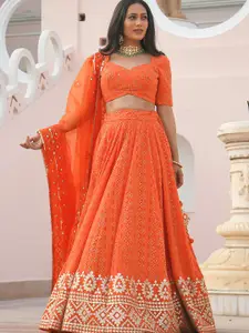 FABPIXEL Embroidered Sequinned Semi-Stitched Lehenga & Unstitched Blouse With Dupatta