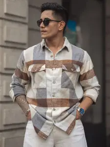 Powerlook Men Spread Collar Tartan Checked Cotton Casual Shirt