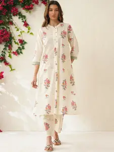 JAYPORE Floral Printed Mandarin Collar Pure Cotton A-Line Kurta