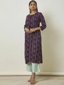 Soch Purple Floral Printed Tie-Up Neck Straight Kurta