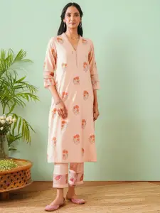 JAYPORE Floral Printed Gotta Patti V-Neck Cotton Straight Kurta