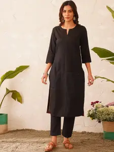 JAYPORE Embroidered Round Notch Neck Thread Work Pure Cotton Straight Kurta