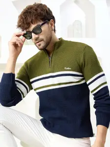 KVETOO Men Colourblocked Striped Long Sleeves Pullover