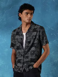 Flying Machine Men Cuban Collar Abstract Printed  Casual Shirt