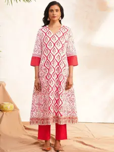 JAYPORE Ethnic Motifs Printed V-Neck Sequinned Pure Cotton A-Line Kurta