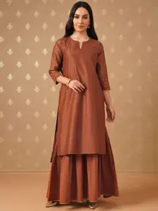 JAYPORE Polka Dots Printed Notch Neck Cotton Silk A-Line Kurta