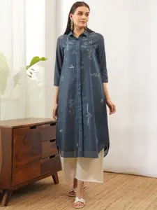 JAYPORE Ethnic Motifs Embroidered Shirt Collar Thread Work A-Line Kurta