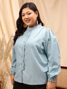 CURVY STREET WoMen Plus Size Comfort Mandarin Collar Solid Cotton Casual Shirt