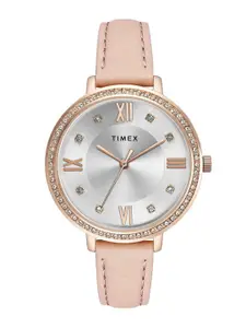 Timex Women Brass Embellished Dial & Leather Straps Analogue Watch TWEL14714