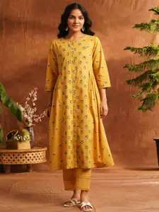 JAYPORE Floral Printed Thread Work Layered Cotton A-Line Kurta