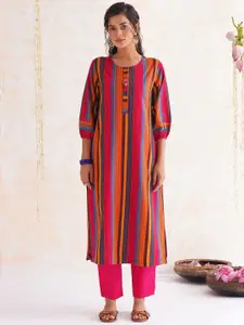 JAYPORE Striped Printed Round Neck Pure Cotton Straight Kurta
