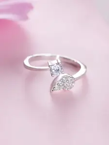 March by FableStreet 925 Sterling Silver Rhodium-Plated Leaf CZ -Studded Finger Ring