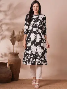 FASHOR Floral Printed Mandarin Collar Regular Cotton Straight Kurta