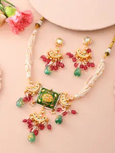 DASTOOR Gold-Plated Stone-Studded & Beaded Necklace & Earrings