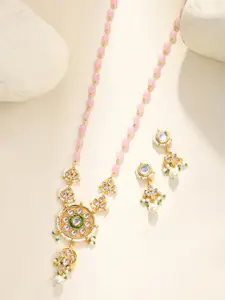 DASTOOR Gold-Plated Stone-Studded & Beaded Necklace & Earrings
