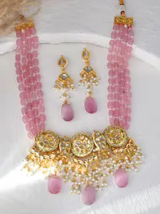 DASTOOR Gold-Plated Stone-Studded & Beaded Necklace and Earrings