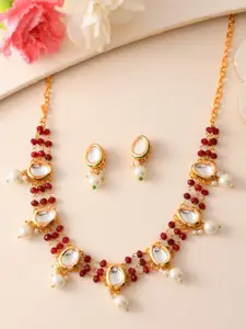 DASTOOR Gold-Plated Stones Studded & Beaded Necklace and Earrings