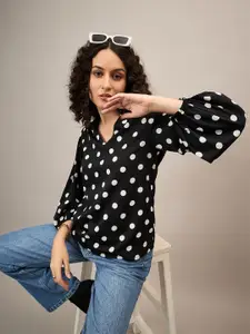 The Roadster Lifestyle Co. Polka Dot Printed Puff Sleeves Mandarin Collar Top