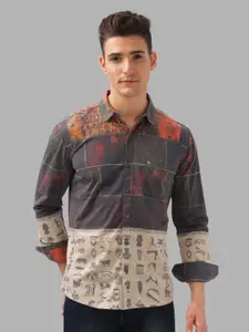 BULLMER Men Spread Collar Abstract Printed Cotton Casual Shirt
