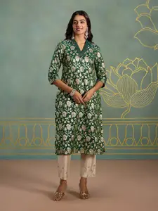 Likha Floral Woven Design V-Neck Sequinned Straight Kurta