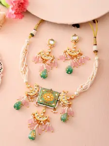 DASTOOR Gold-Plated Stone-Studded & Beaded Necklace and Earrings