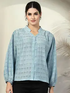 plusS Women Standard Mandarin Collar Textured Casual Shirt