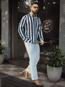 Powerlook Men Spread Collar Vertical Striped Casual Shirt