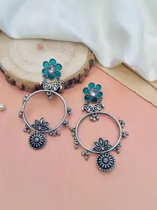 ABDESIGNS Silver-Plated Stones Studded Floral Oxidised Drop Earrings