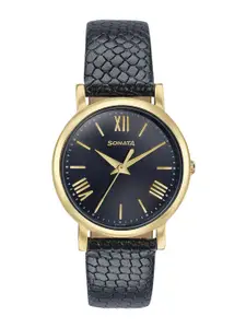 Sonata Women Brass Leather Textured Straps Analogue Watch 87063YL04W
