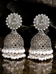 OOMPH Artificial Stones Studded and Beaded Contemporary Oxidised Jhumkas