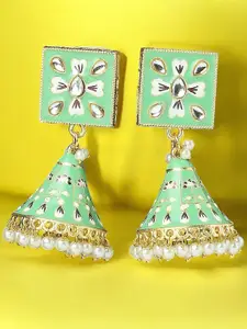 OOMPH Kundan Studded Meenakari Geometric Jhumkas Earrings