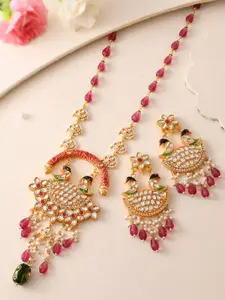 DASTOOR Gold-Plated Stone-Studded & Beaded Necklace & Earrings